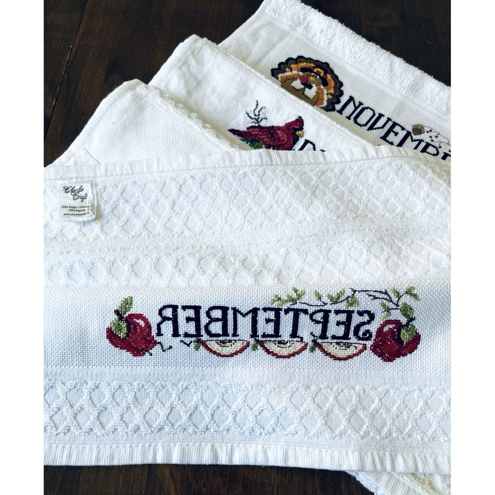 Vtg Cross Stitch Completed All 12 Months of the Year Dish Towels NEW - Picture 14 of 14